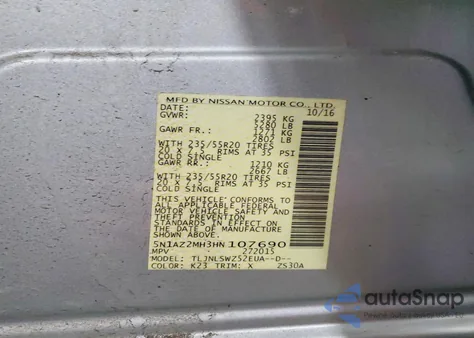 2017 Nissan Murano S z USA, uszkodzony, nr VIN 5N1AZ2MH3HN107690